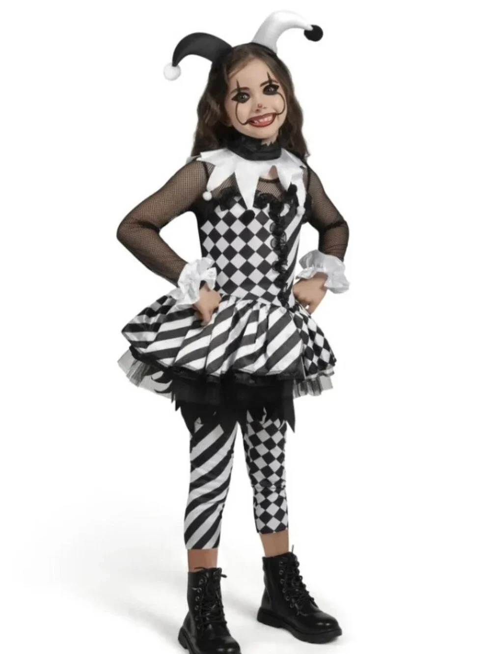 Girls Evil Clown Costume Black and White Clown Dress New Dress-Up Party 5-7 yrs